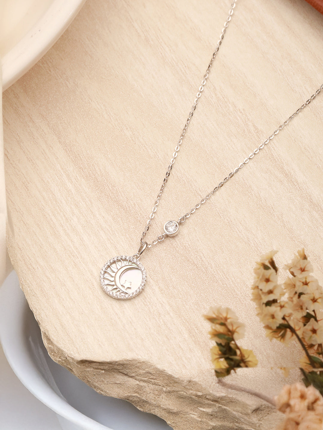 925 Sterling Silver Crescent & Star Delicate Pendant Necklace & Chain